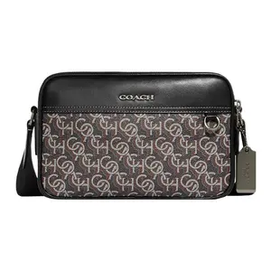 COACH Graham 23 Classic Monogram Zip-Top Camera Bag – Unisex Medium Crossbody Shoulder Bag in Gray and Black
