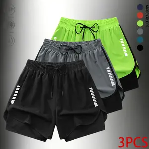 3-piece set for men: summer trendy, versatile casual sports shorts with a faux two-piece design; quick-drying, breathable swim shorts with reflective stripe prints; essential shorts for outdoor travel, fitness, running, and everyday workouts.