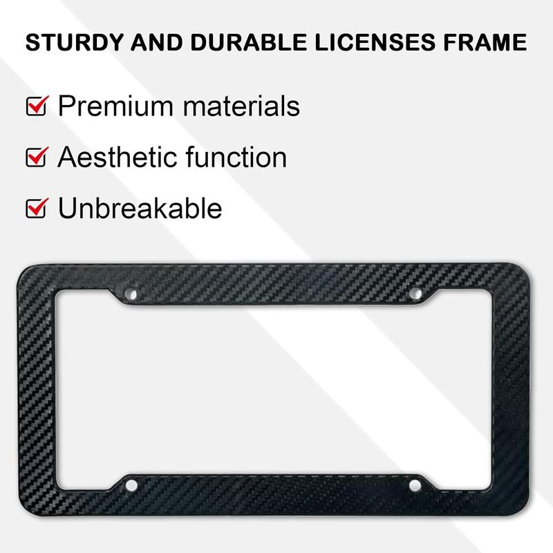 Carbon Fiber License Plate Frame - 2 Pack with Fasteners, Screws, and Mounting Holes, Waterproof Plastic Number Plate Holder, Black Color