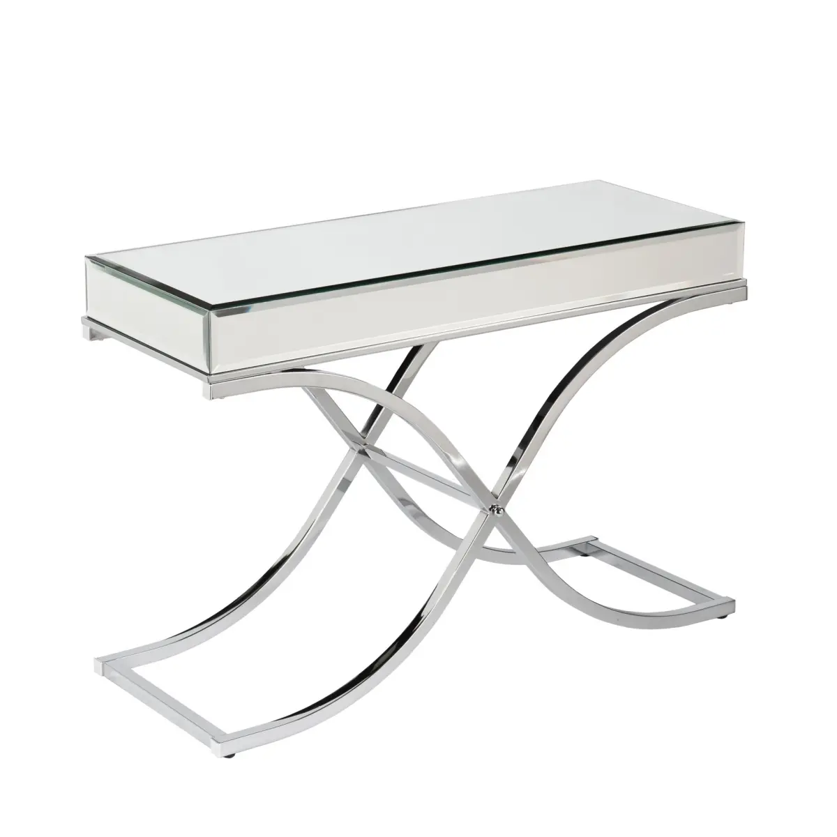 Modern Console Table (Model 402359) - 360 Stand, 42.25 in. Rectangle, 29" H x 16.5" D, 64 lbs, Mirrored Top, X-Shaped Metal Cross Legs, Silver, Default Free-Standing Indoor Furniture