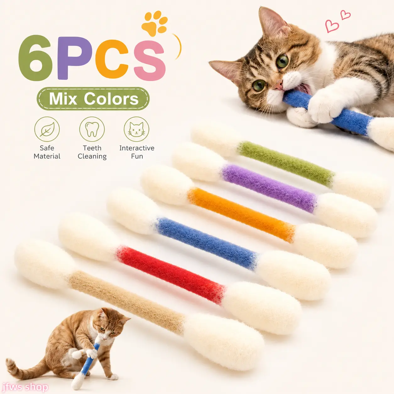 6-Pack 2026 New Giant Cotton Swab Cat Toys with Catnip, Natural Wool Felt Interactive Kicker Chew Sticks for Indoor Cats – Boredom Relief, Dental Health, Stimulation, Durable Handmade US Design, Light Luxury homedecor