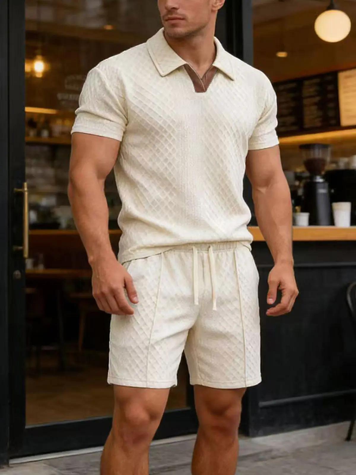 Men's Summer Casual Sports Set, 2 Pieces, Jacquard Fabric, Breathable Polo Shirt & Shorts, Formal Tropical Men's Top Set, Men's Clothing, Long Shirt Plain Beige Menswear Beige Gamis