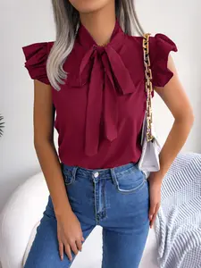 Elegant Commuter Ruffle Hem Tie Waist Bow Chiffon Fit Blouse Shirts, Women's Fashion Top, Perfect for Office Wear & Daily