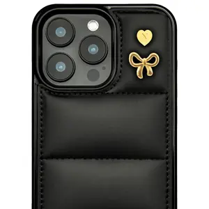 Black Puff Phone Case – Initial Series Gold Pins (Bowl + Customizable Heart Initial A–M)