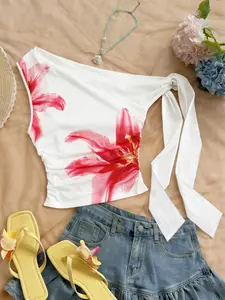 Women's top, Sleeveless, single shoulder strap, Floral printed petal clothes, Womenswear, Lady