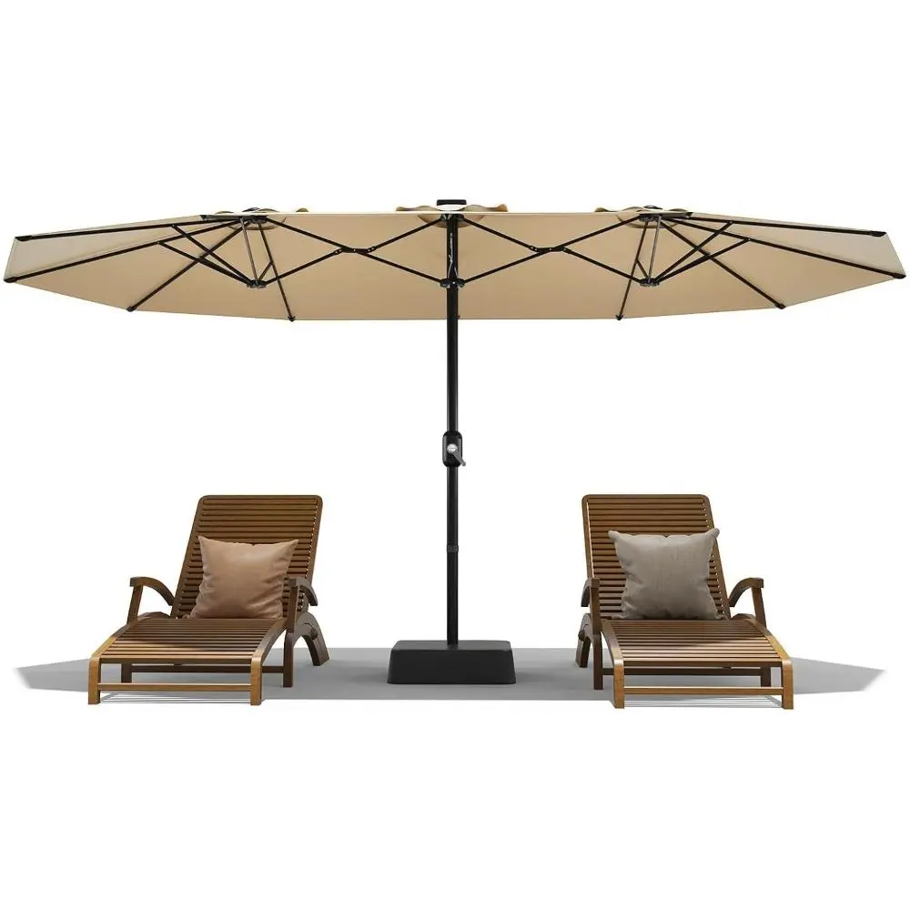 15FT Beige Double-Sided Rectangle Stable Outdoor Umbrella - Polyester, Crank Lift Ease Handle, Included Base, Portable UV-Proof All-Weather Sunshade for Pool, Patio, Lawn Decor