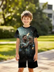 Trendy Boys' 3D Short Sleeve Set, Football Star Messi World Cup Champion Design, Perfect for Outdoor Activities & Festive Gifts, Football Star Theme, Outdoor Ready