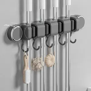Multifunctional Mop Holder with Hook, Broom Mop Holder with 3 Racks 4 Hooks, Heavy Duty Mop Holder, Self Adhesive Mop Holder Wall Mounted, Broom Holder Wall Mount for Kitchen, Bathroom, Closet