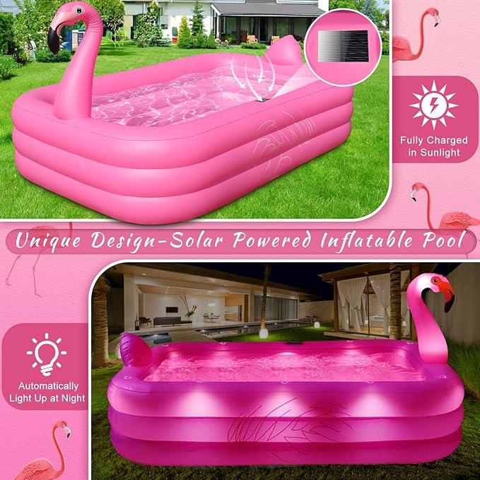 Inflatable Pool with Lights, 2024 Solar Flamingo Swimming Pool for Kids,Adults Inflatable Blow Up
