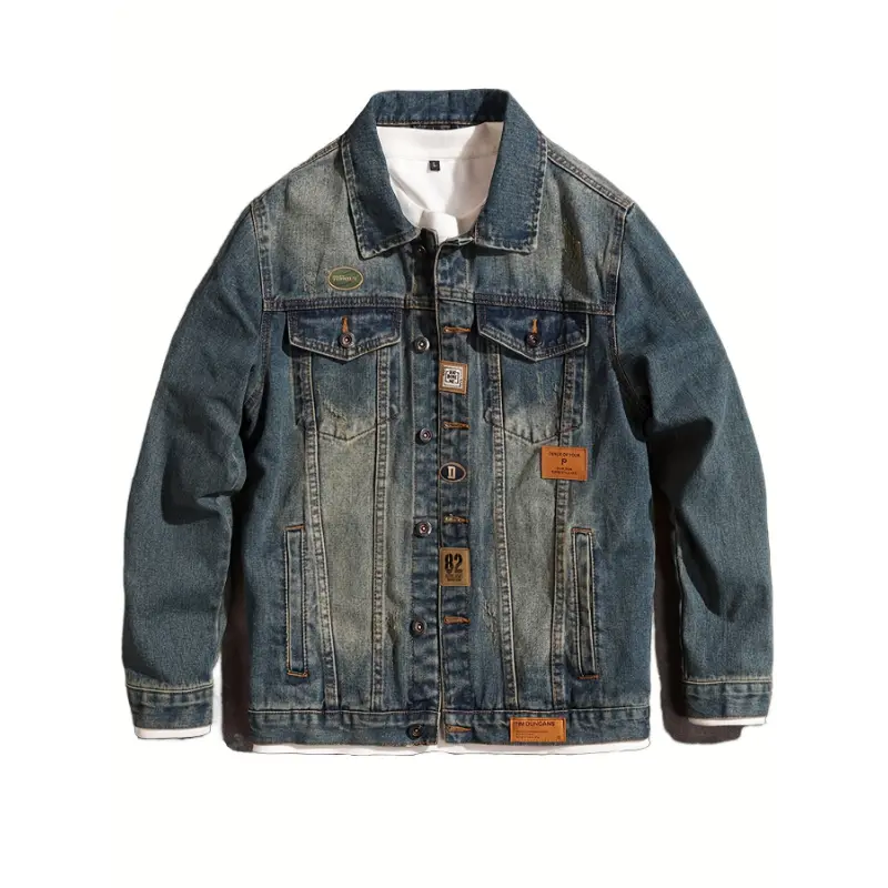 Men's Vintage Heavyweight Cotton Blend Denim Work Jacket - Casual Long Sleeve Multi-Pocket Regular Length Outerwear for Spring, Fall, Tops, Longsleeves, Heavyweight Denim, Multi Pockets