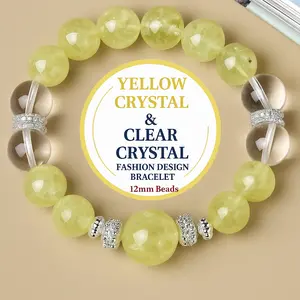 Citrine & Clear Quartz 12mm Bead Bracelet |   Trendy Stretch Design |   Easy Stack & Wear