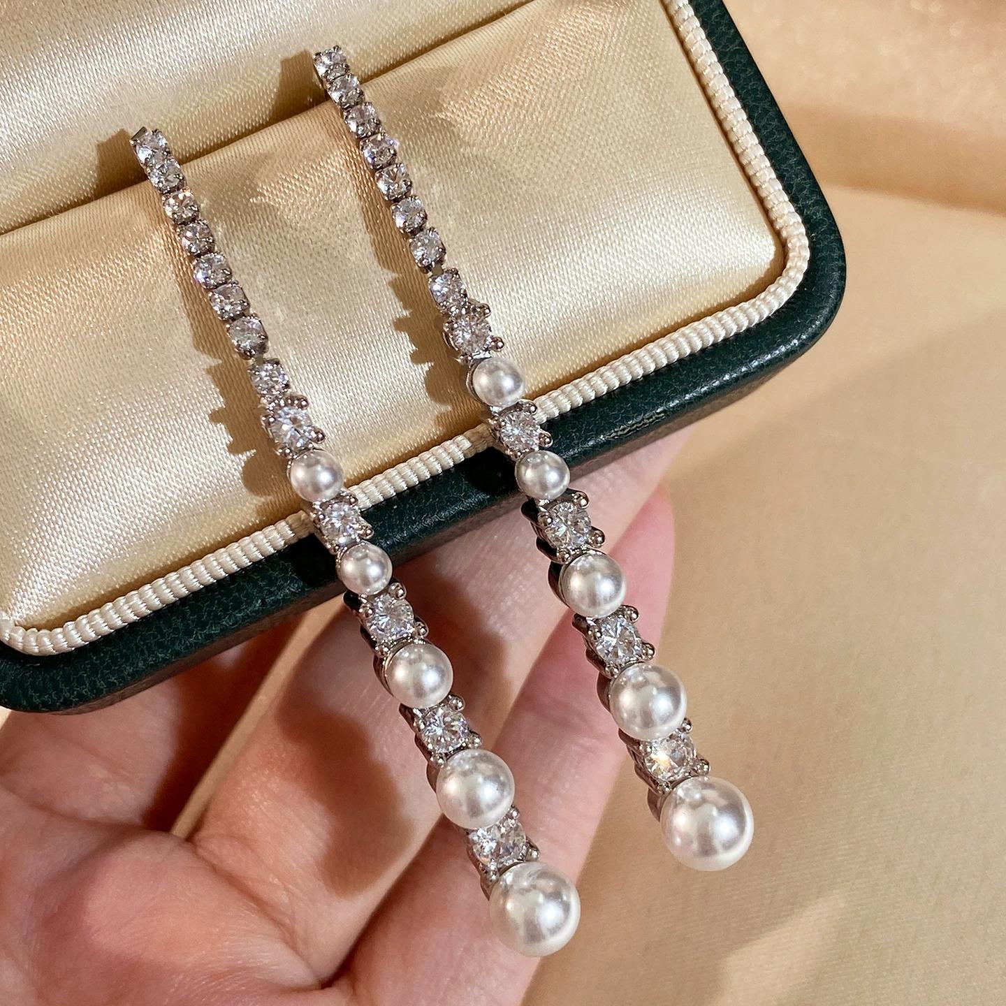 Sparkling Zircon Tassel Long Pearl Dangle Earrings Light Luxury Designer Jewelry Perfect Gift for Her shell pearl