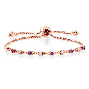 Gem Stone King 18K Rose Gold Plated Silver White Moissanite and Gemstone Birthstone Infinity Tennis Bracelet For Women | Round 2.5MM | Adjustable Bolo Bracelet Up to 9 Inch | Easy-On Easy-Off