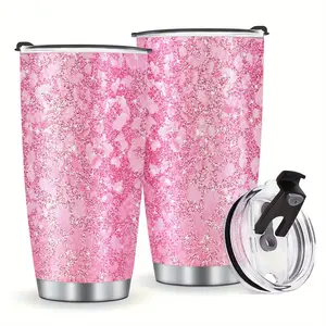 Women's 20oz Portable Pink Glitter Leopard Printed Stainless Steel Insulated Tumbler - Vacuum Flask Water Bottle with Lid, Classic Aesthetic Travel Coffee Cup, Keeps Drinks Hot & Cold