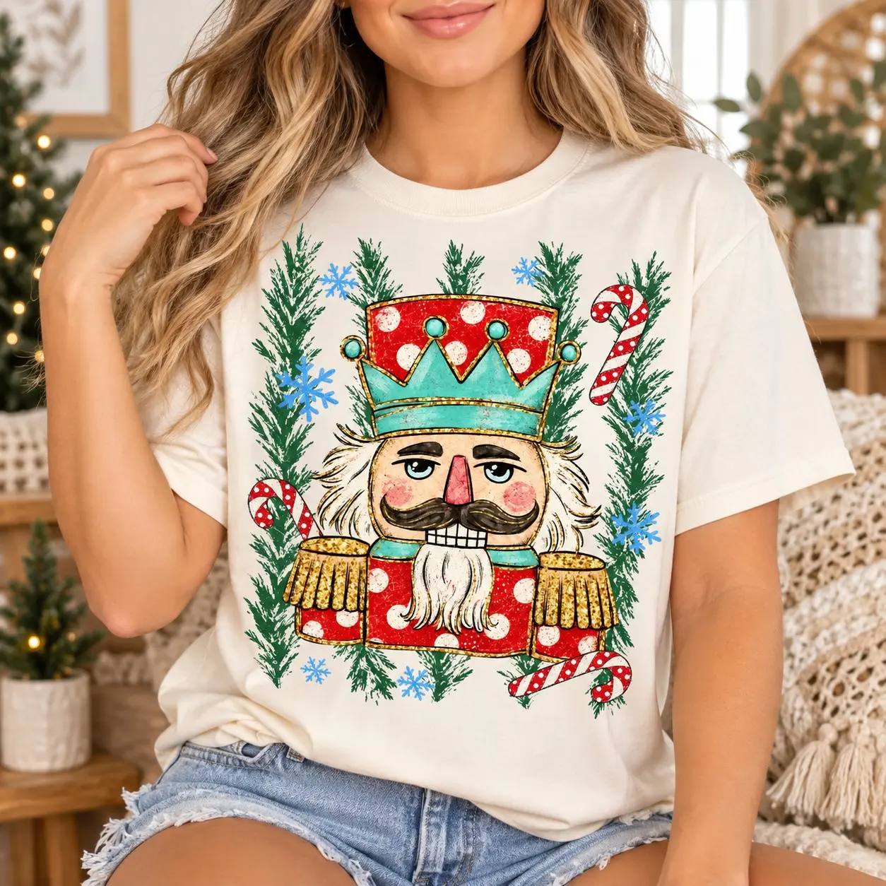 Nutcracker Christmas Graphic Shirt for Women, Vintage Holiday Short Sleeve Tee for Winter Party and Festive Season Gift
