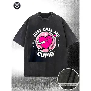 230G Laundered T-Shirt, Featuring a Whimsical Cupid Heart Design with a Cartoon Heart Wielding a Bow And Arrow - Casual Crew Neck Tee, Bright Pink And White Gradient Print, Ideal Gift for Valentine'S Day, Romantic Events, And More