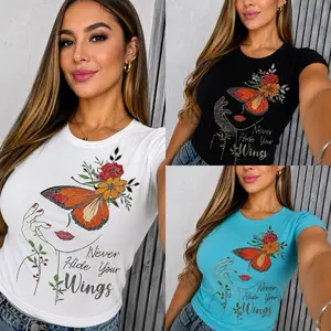 (TU550) Women's Premium Stretch Rhinestone Butterfly Graphic T-Shirt - Soft-Fit Tee, S-M-L Sizes