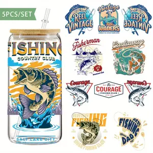 5Pcs/Set Go Fishing 16oz Glass Jars Wrap Transfer Decorative Paper UV DTF High Self-adhensive Decor Transfer Sticker Paper
