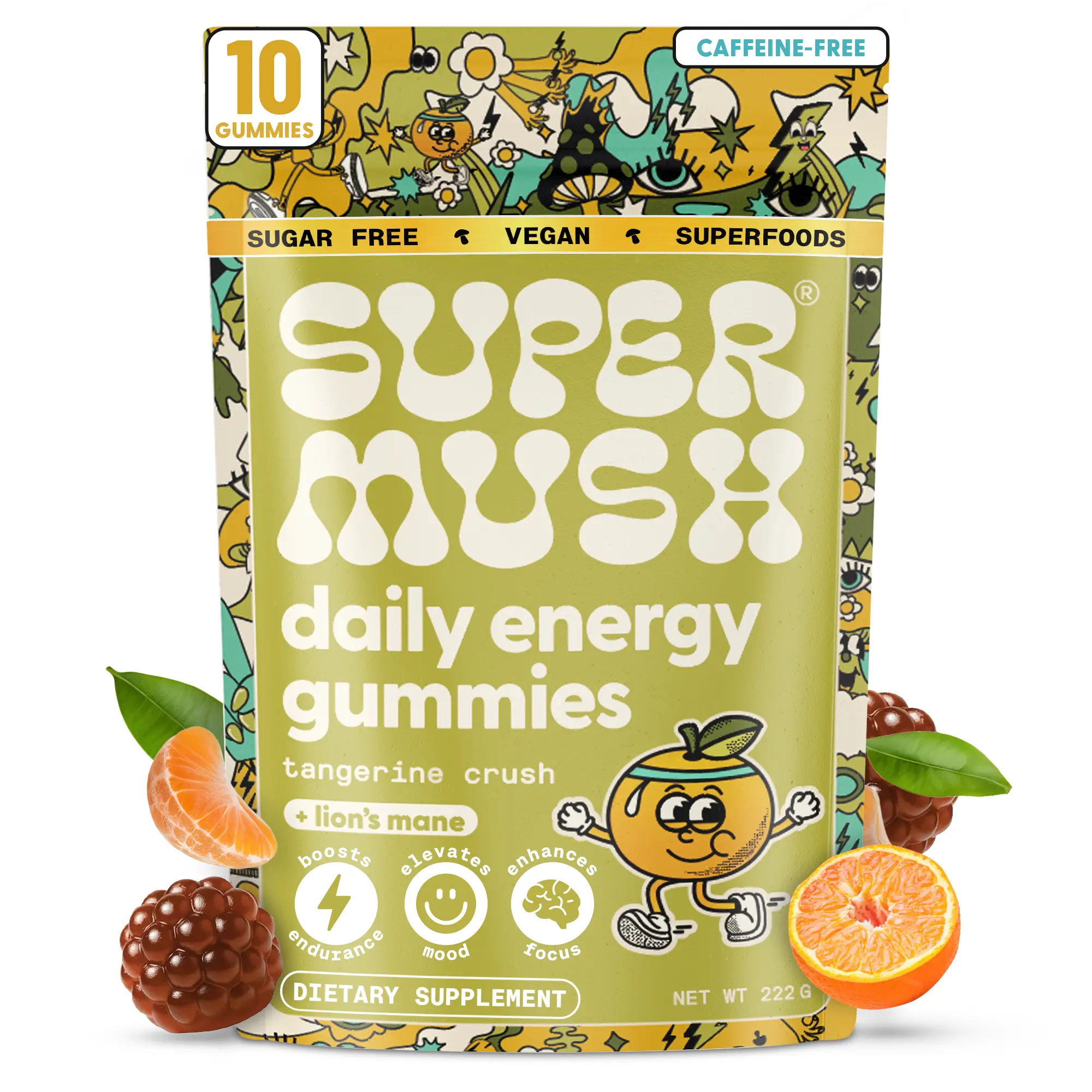 SuperMush Daily Energy Mushroom Gummies Trial Pack (10 Gummies) - Organic Lion’s Mane & Cordyceps Mushroom for Energy, Focus, Stamina, Stress Reduction - Vegan, Sugar Free Nootropic Gummies - Functional Mushroom Supplement