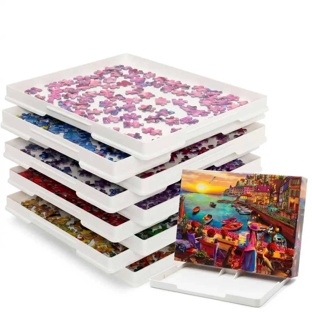 Playboda 9-Pack Rectangle Sorting Trays with Lid - 11"x9" Stackable, Doubles as Box Stand, for 1000 to 1500-piece Puzzles, Easy Separation, Easier to Grip, Elegant Packaging, Gift for Adult Enthusiasts