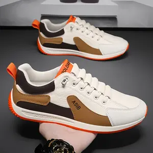 Men's Fashion Color Contrast Sneaker-Casual Low-Top Lace-up Shoes with Shock Absorption, White/Brown/Orange Stripe Design, Suitable for All Seasons Runner Closed