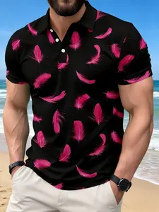 Summer Trend Base Shiny Feather Pattern Polo, Modern and Romantic Men's Clothing, Fitted Casual Style, Polo Shirt