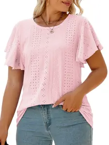 ROSRISS Women's Plus-Size Rayon Round Neck Tshirt - Summer Ruffle Short Sleeve Eyelet Tunic, 1X-5X Loose Basic, Overall Comfortable, Everyday Fit, Style VPS0121, Feminine Womenswear tiktokshopspringglowup