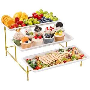 3 Tiered Plastic Serving Tray for Party Entertaining, 14"*6.5" Serving Food Display Platters, Reusable Trays with Collapsible Stable Metal Stand for Veggie, Fruit, Cookies, Dessert, Gold