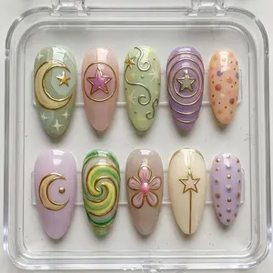 Whimsigoth Moon Star Press On Nails | Pastel Galaxy 3D Handmade Almond Nail Set for Holiday, Birthday