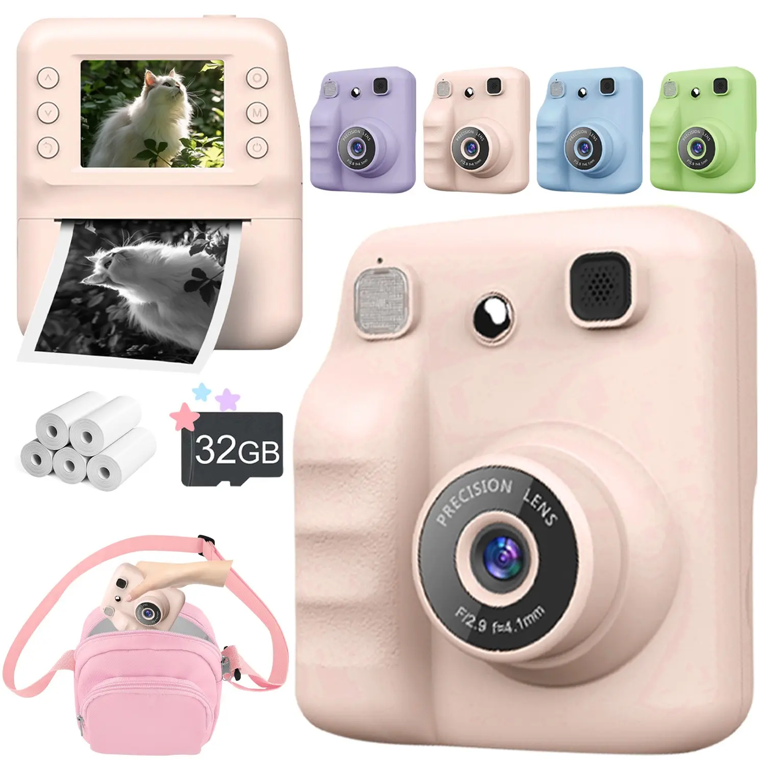 Kids Camera Instant Print, 1080P Instant Camera for Kids, Portable Camera, Christmas Birthday Gifts Toys for Boys & Girls Aged 3-12, 3 options: Single machine, Single machine+32GB Card+5 Printer Paper sets, Upgrade Package