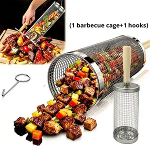 BBQ Tool Kit, Portable BBQ Cooking Grill Basket Equipped with Hooks and Ergonomic Handle, Heavy Duty Outdoor Barbecue Basket Ideal for Camping, Picnic and Daily Outdoor Barbecue Use.
