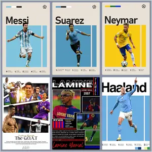 Football Poster Canvas Painting - Posters of famous football superstars such as Messi, Ronaldo, Neymar, Suarez, Haaland, and Yamal; suitable for decorating a boy's bedroom wall