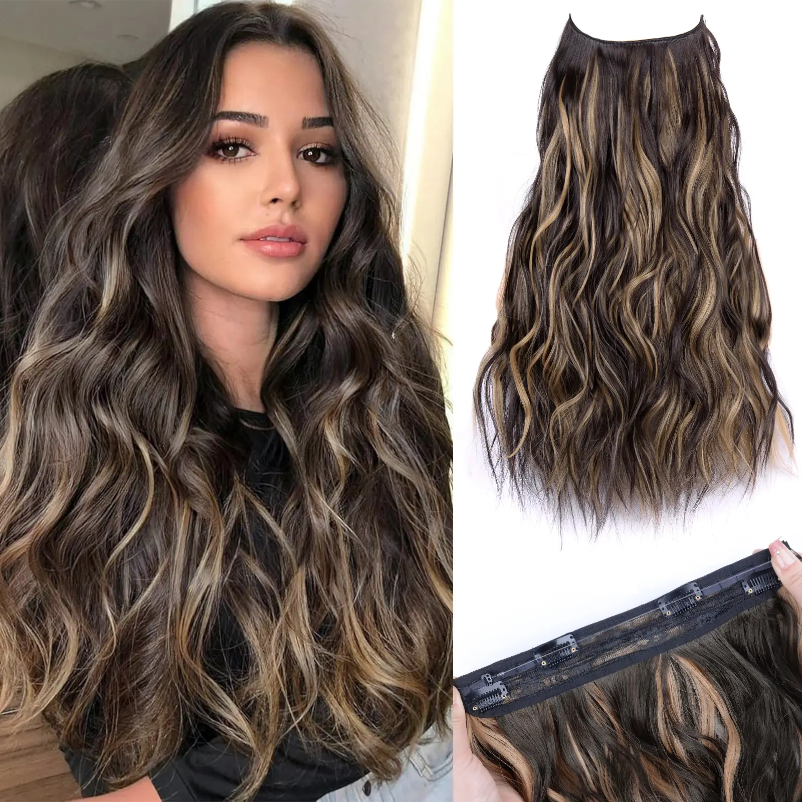Vitorish Invisible Wire Hair Extensions with 4 Clips 20Inch Long Synthetic Wavy Curly Hairpiece Adjustable Transparent Headband for Women Dark Brown Thick Hairpieces length