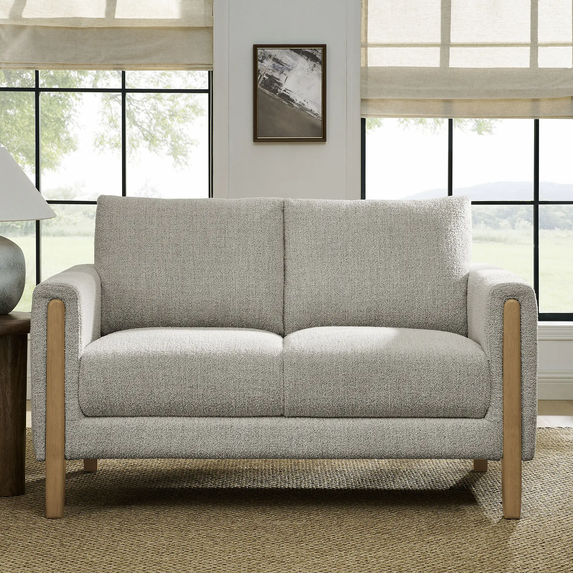 Hawken Boucle Fabric Loveseat in Parchment Beech Hawken Boucle Fabric Loveseat in Parchment Beech