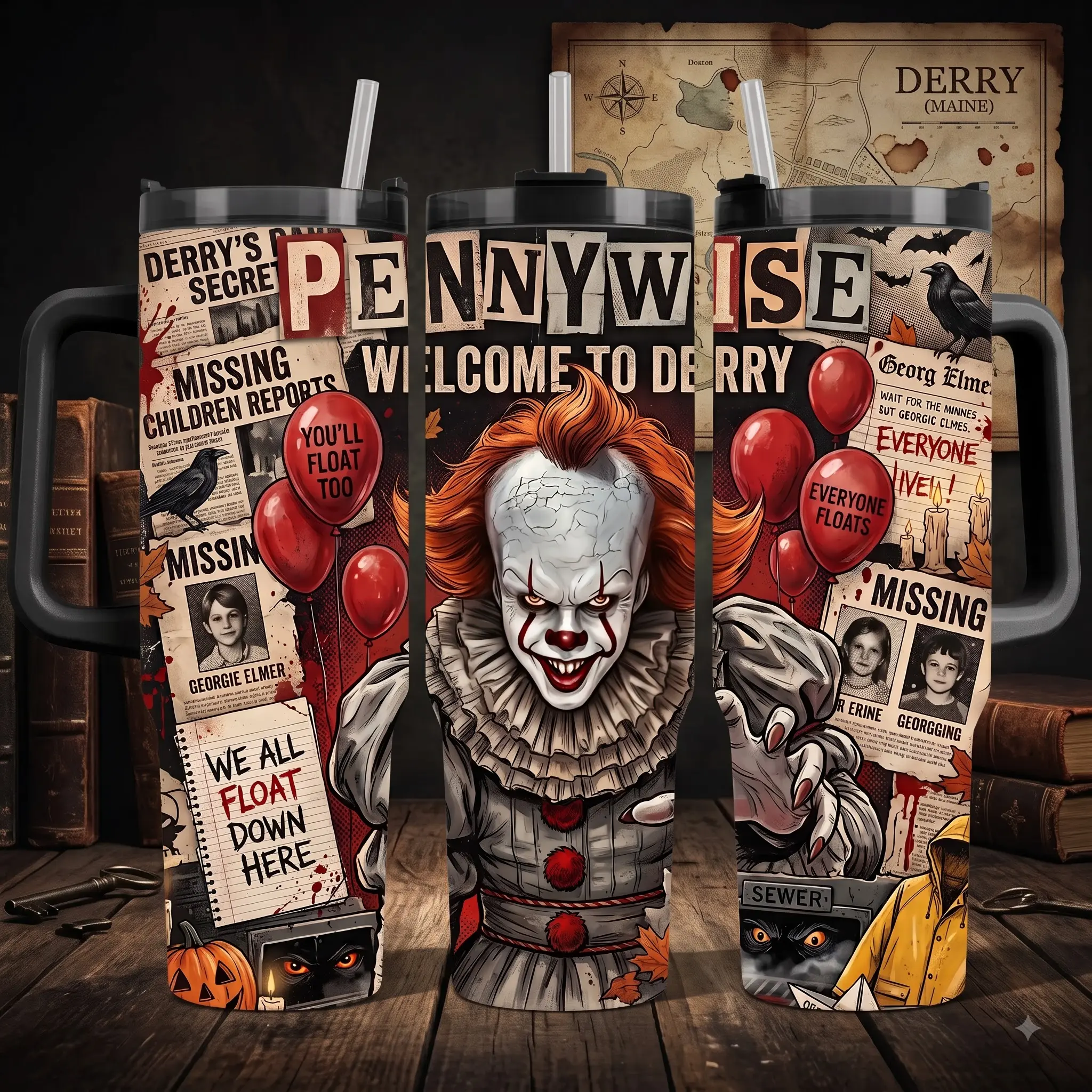 Pennywise Welcome To Derry 40oz Tumbler with Straw Handle, IT Movie We All Float Down Here Insulated Vacuum Mug, Spooky Halloween Red Balloon Cold Water Bottle, Horror Film Fan Merchandise Gift