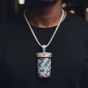 Men's Large Pill Bottle CZ Iced Charm Pendant & 4mm 36" Franco Chain Necklace Hip Hop Jewelry Silver Plated