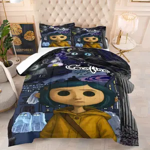 Coraline cartoon pattern pattern quilt with cotton, Bedding Set, including 1 quilt and 1 or 2 pillowcases without core, suitable for home or dormitory decoration, very suitable for holiday gifts