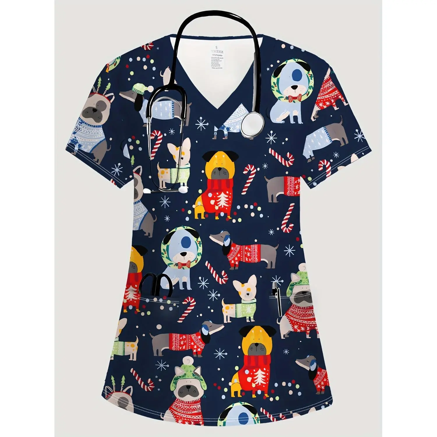 Christmas Women's V-Neck T-Shirt, Festive Dog Print Nurse Scrub Top, Soft V-Neck Short Sleeve Women's Tee, Versatile Women's Nursing Scrubs