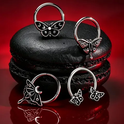 Oufer 16G 316L Stainless Steel Septum Nose Ring Jewelry - Hinged Segment Design, Detailed Animal Depiction, Vintage Moon Phase Death Moth, 10mm Inner Diameter, Unisex Comfortable Fit Daily Body Jewelry
