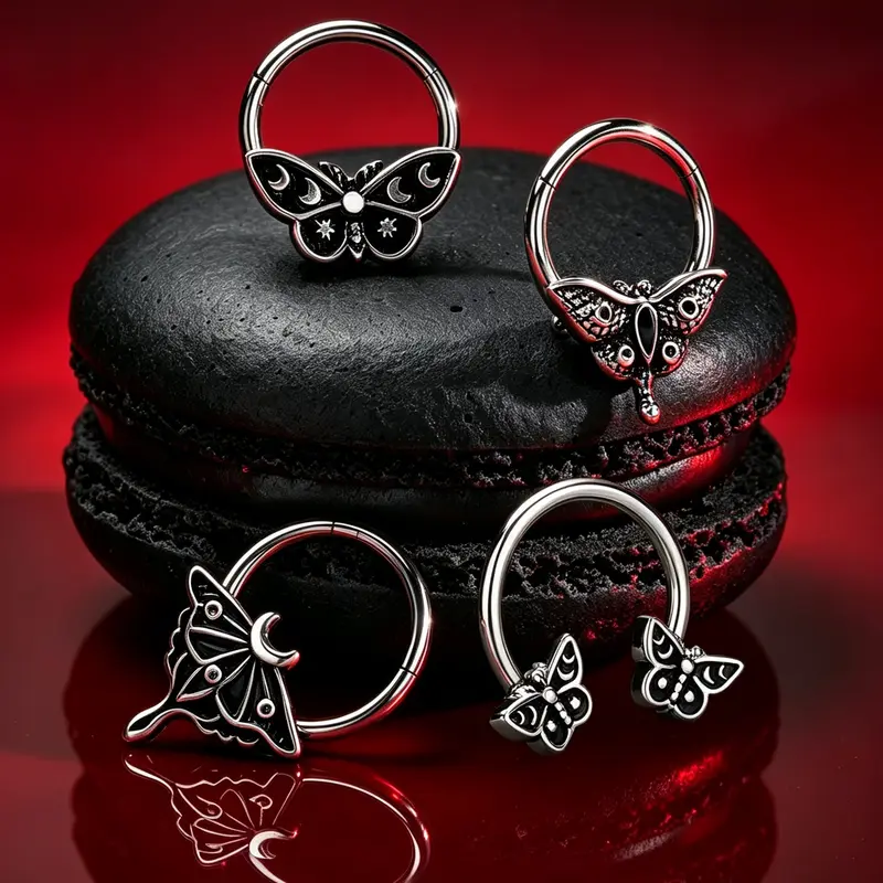 Oufer 16G 316L Stainless Steel Septum Nose Ring Jewelry - Hinged Segment Design, Detailed Animal Depiction, Vintage Moon Phase Death Moth, 10mm Inner Diameter, Unisex Comfortable Fit Daily Body Jewelry