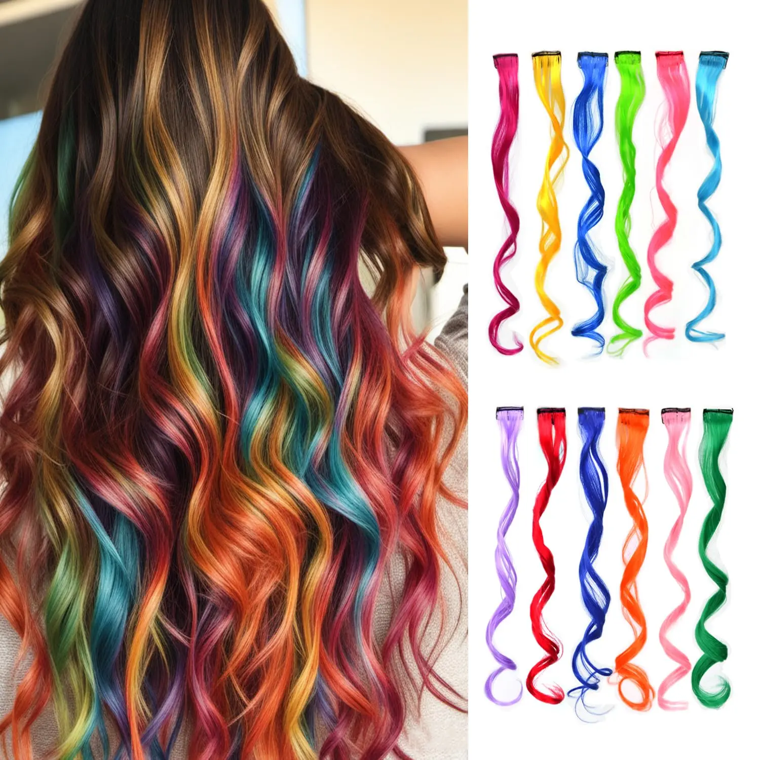 10 count Colored Clip in Hair Extensions - 22 Inch Curly Synthetic Colored Hairpieces for Women  Girls | Party Highlights (Curly,12 Colors)
