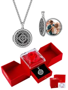 Celtic Knot Locket Necklace That Holds Pictures With Rose Jewelry Gift Box, Vintage Photo Memorial Necklace Gift for Women Men, Mother's Day Birthday Jewelry Gift for Mom Wife