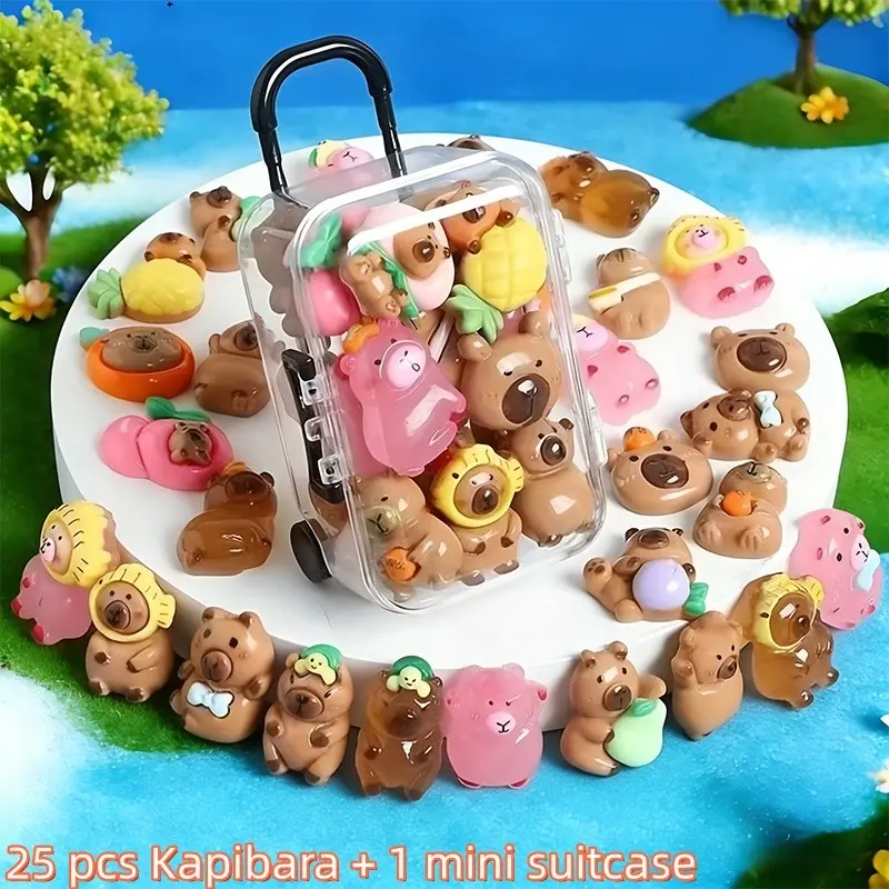 25pcs Capybara + 1pc Mini Luggage Resin Set, Resin Animal Sculptures, Figurine, DIY Decorative Ornaments, Home Office Desk Decor, Gift Ideas for All Seasons