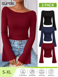 Women’s Long Sleeve Shirts 2026 Spring Crop Top, Casual Boat Neck Bell Sleeve, Fitted Ribbed Ruched Y2K Clothes for All Seasons Womenswear