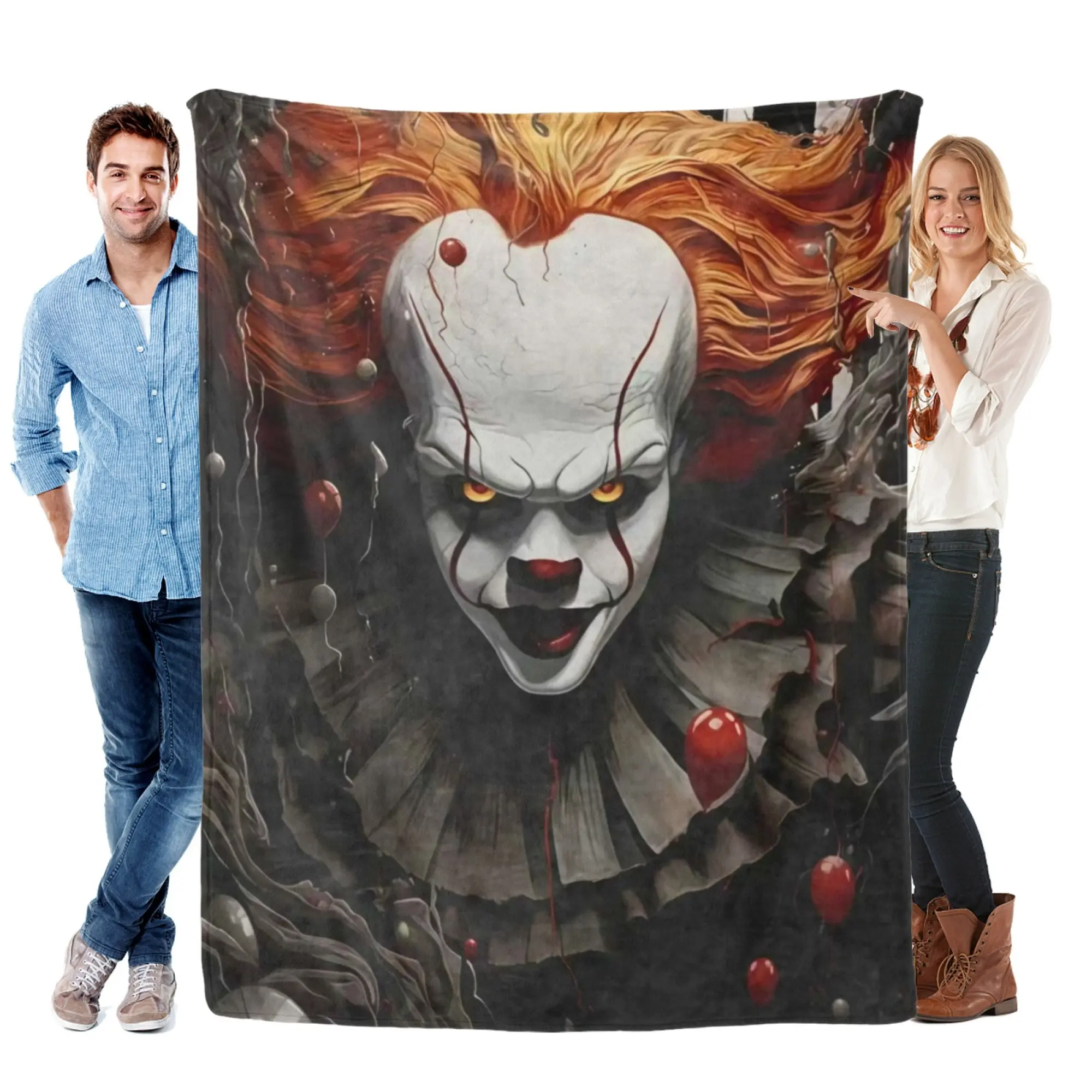 Pennywise IT Horror Clown Red Balloon Flannel Throw Blanket - Premium Ultra-Soft Warm Thick Fluffy Flat Weave, Multi-Size Home & Travel Bedding, Living Room Decor for Sofas Living Room, Spooky Halloween Gift for Classic Horror Fans