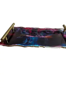 Custom Resin Trays with Gold Handles Unique Multicolored Design for Home Decor One of a Kind Beauty for Home Accessories Resin Material Gold-Colored Handles