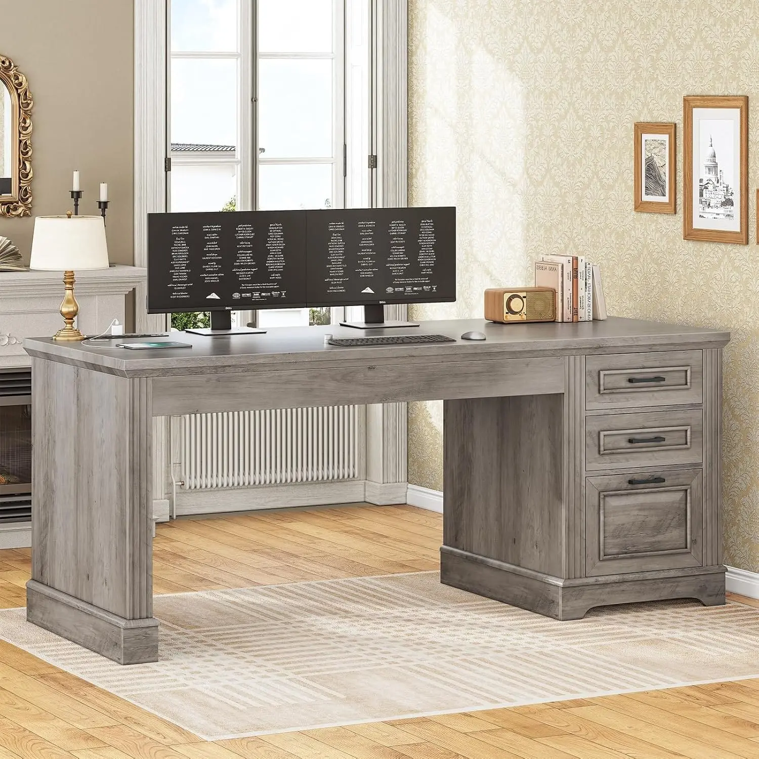 SIKAIC 55" Computer Desk with Power Outlet & 3 Drawers, Grey Home Office Workstation SIKAIC 55" Computer Desk with Power Outlet & 3 Drawers, Grey Home Office Workstation
