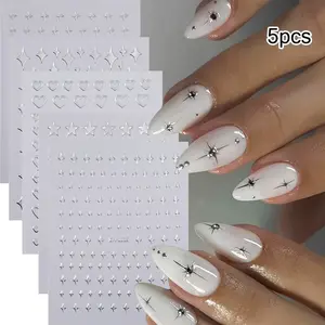 Silver Color Star Nail Art Stickers, Hollow Heart Design Sparkle Shiny Silver Heart Stars Nail Decals, DIY Nail Decorations