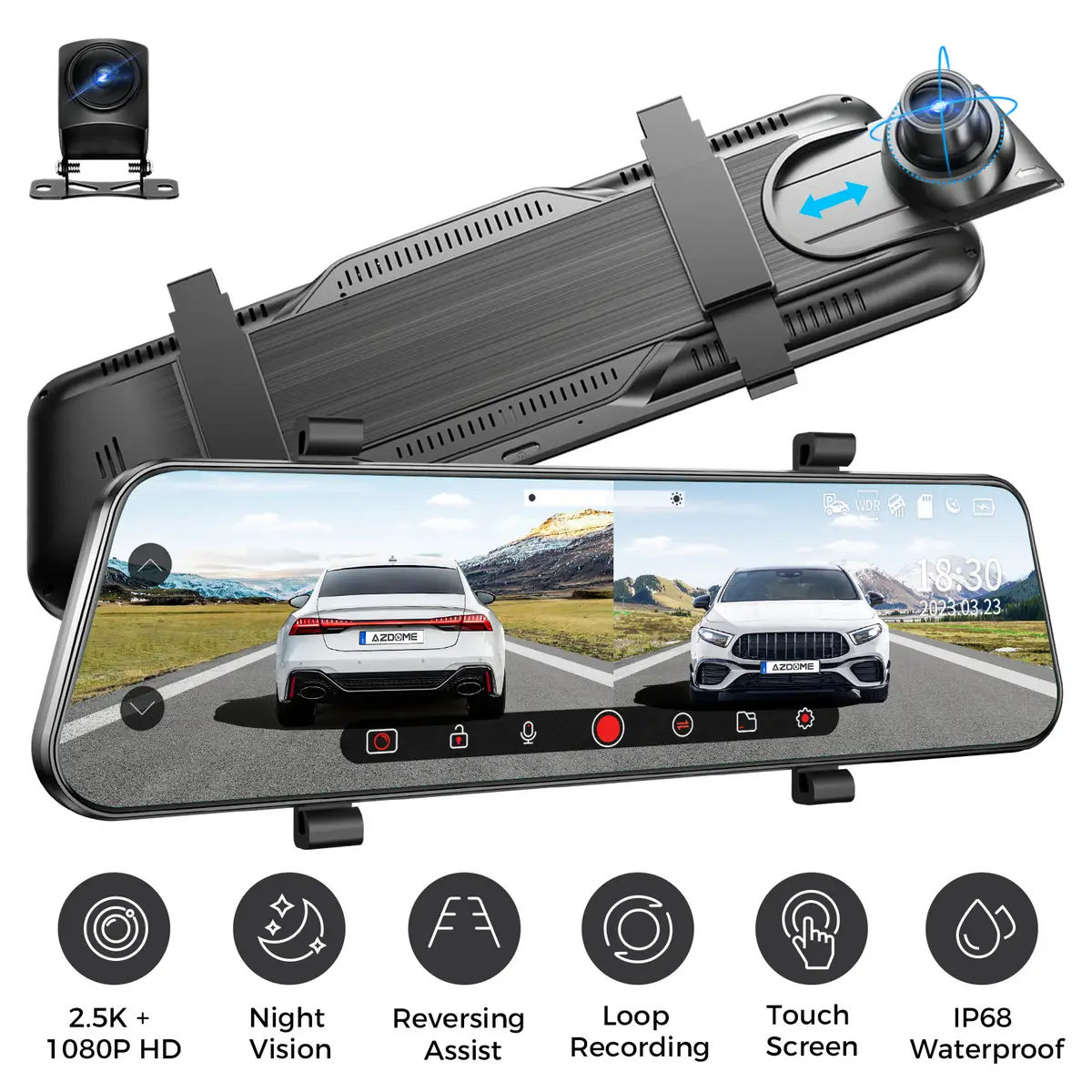 AZDOME PG02S 10" Mirror Dash Cam Front & Rear Dual Cameras 2.5K+1080P Touch Screen 24H Parking Monitor with Parking Assistance Wide Angle Dual Lens,