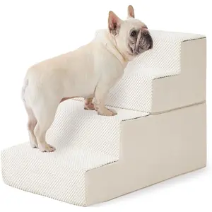 Stairs for Small Dogs - Pet Stairs 2 in 1 with Zippers Suitable for Couch and Bed, 35D   Steps with Non Slip Bottom Grey 4 Steps, Beige